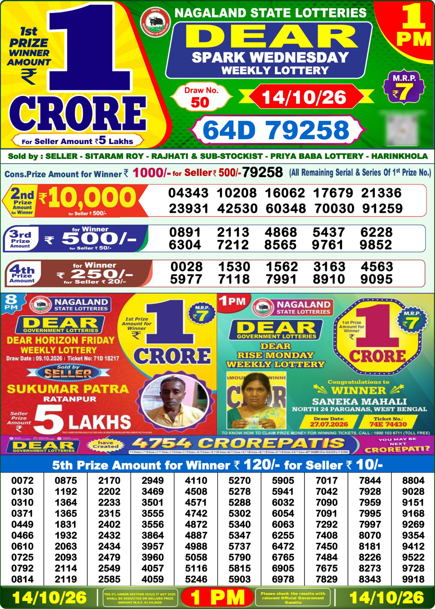 Lottery Sambad 1PM Result 14 10 26 Dear Spark Wednesday Weekly Lottery Result official chart Lottery Sambad 1PM Result 14 10 26 Dear Spark Wednesday Weekly Lottery Result official chart