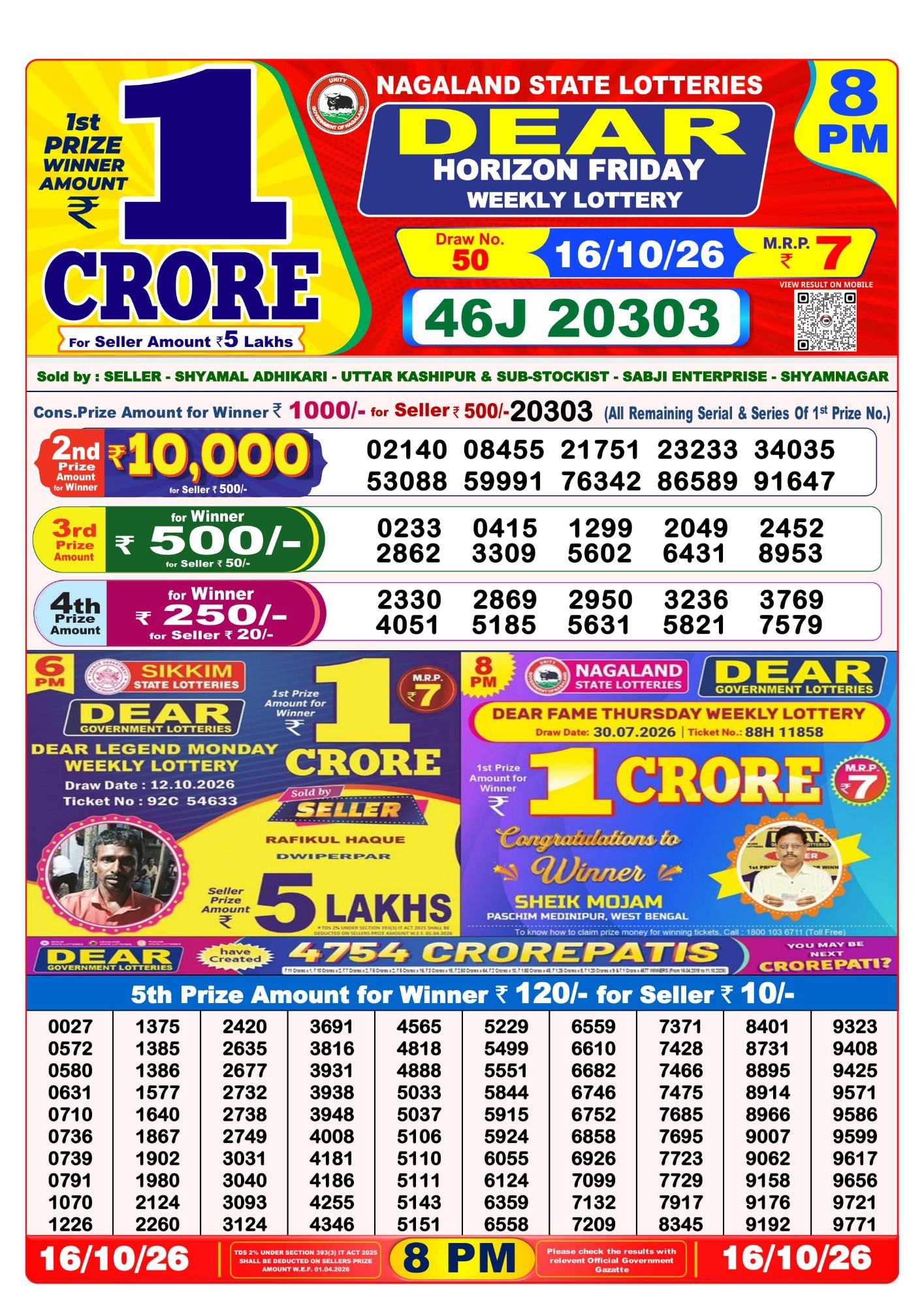 Lottery Sambad 8PM Result 16 10 26 Dear Horizon Friday Weekly Lottery Result official chart Lottery Sambad 8PM Result 16 10 26 Dear Horizon Friday Weekly Lottery Result official chart