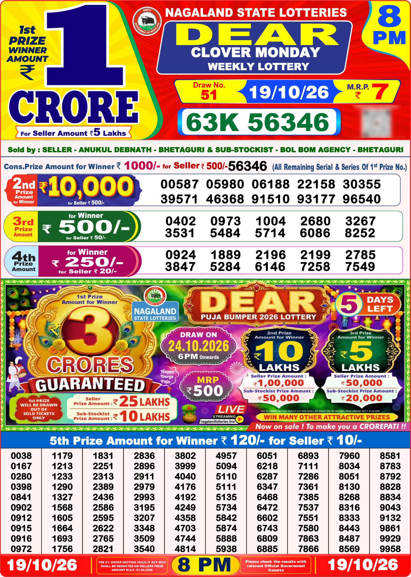 Lottery Sambad 8PM Result 19 10 26 Dear Clover Monday Weekly Lottery Result official chart Lottery Sambad 8PM Result 19 10 26 Dear Clover Monday Weekly Lottery Result official chart