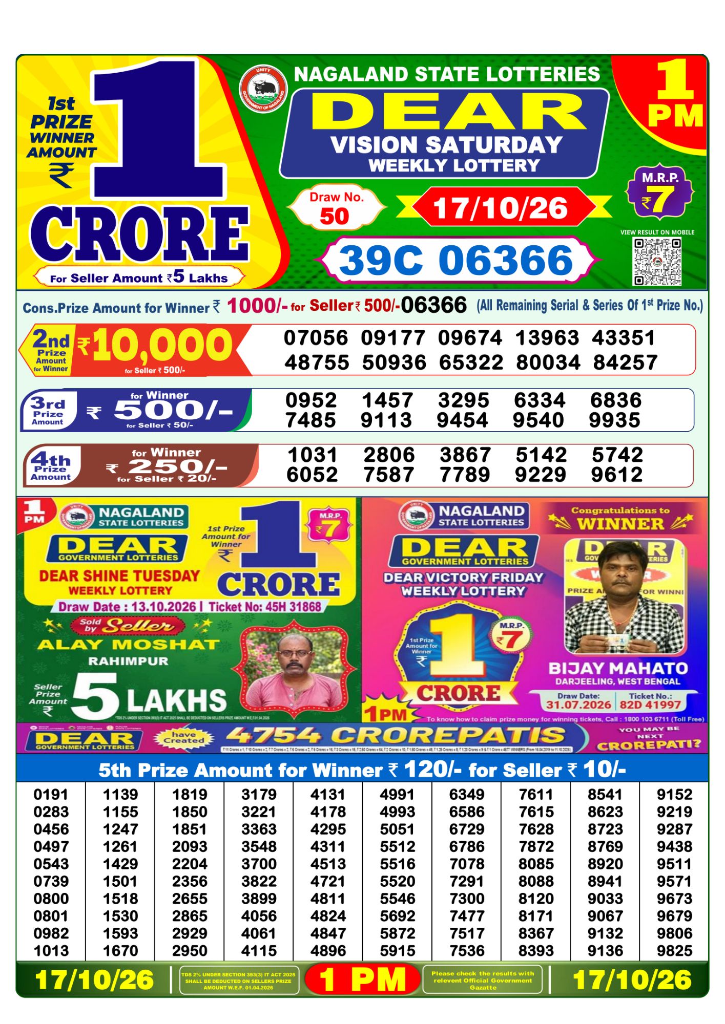 Lottery Sambad 1PM Result 17 10 26 Dear Vision Saturday Weekly Lottery Result official chart Lottery Sambad 1PM Result 17 10 26 Dear Vision Saturday Weekly Lottery Result official chart