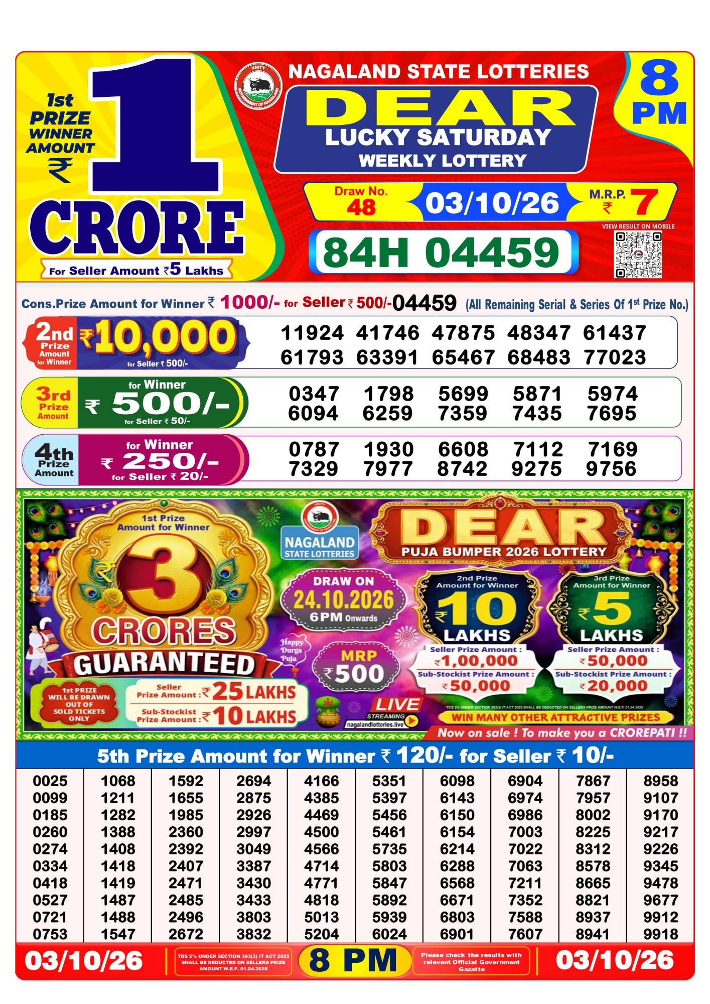 Lottery Sambad 8PM Result 03 10 26 Dear Lucky Saturday Weekly Lottery Result official chart Lottery Sambad 8PM Result 03 10 26 Dear Lucky Saturday Weekly Lottery Result official chart